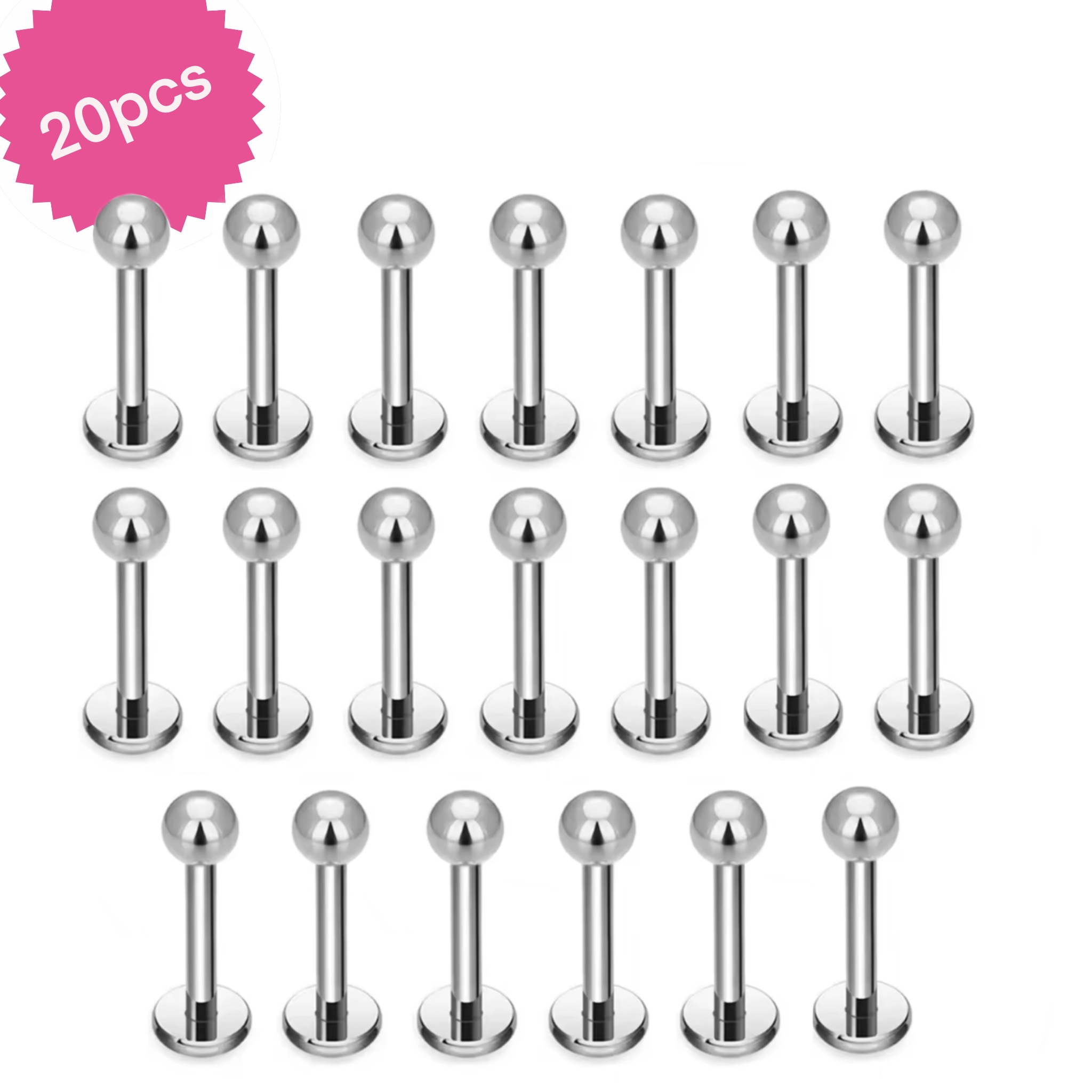 20pz Labret Basico Acero Quirurgico Plateado